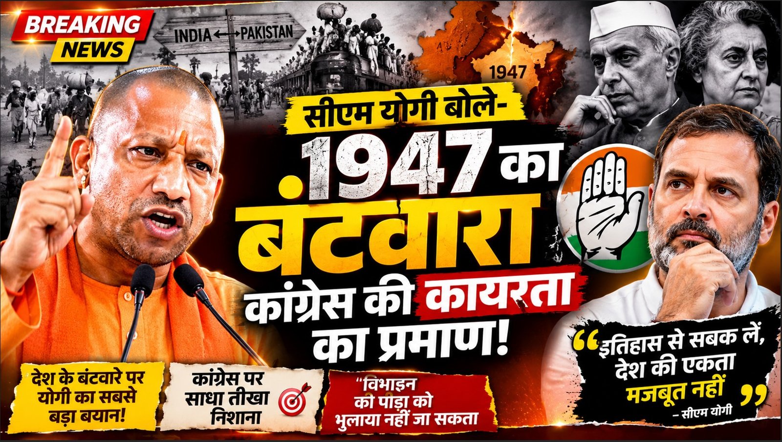 सीएम योगी बोले- 1947 का बंटवारा कांग्रेस की कायरता का प्रमाण, पीएम मोदी होते तो कोई बाल भी बांका न कर पाता